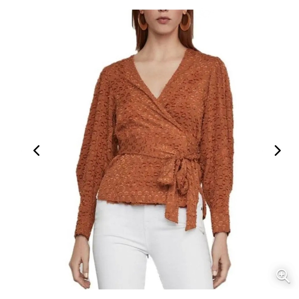 BCBGMaxazria Womens Long Sleeve Warp Top Sz L Orange Print V-Neck New